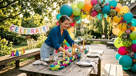 Host arranging decor on dining table for party
