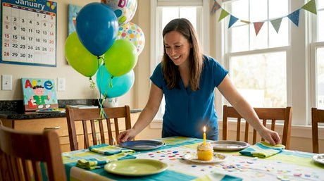 Woman preparing reusable party supplies at dining table