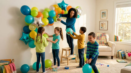 Children and parent hanging colorful party balloons