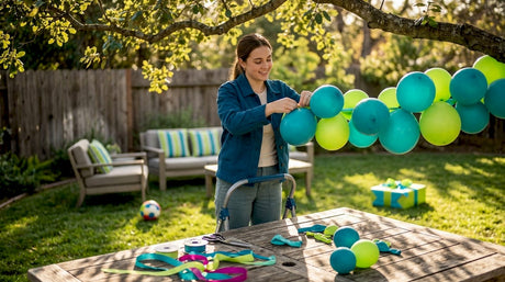 Woman decorating living room for party with balloons