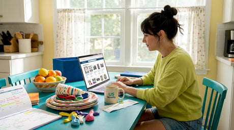 Woman reviewing budget party supplies at kitchen table