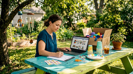 Person planning party with laptop and supplies at table