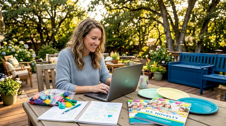 Woman ordering party supplies at kitchen table