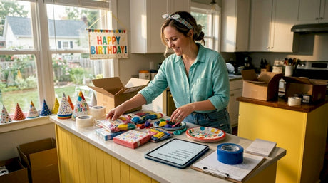 Event planner assembles colorful party supplies