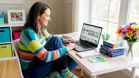 Woman comparing party supplies on laptop at home