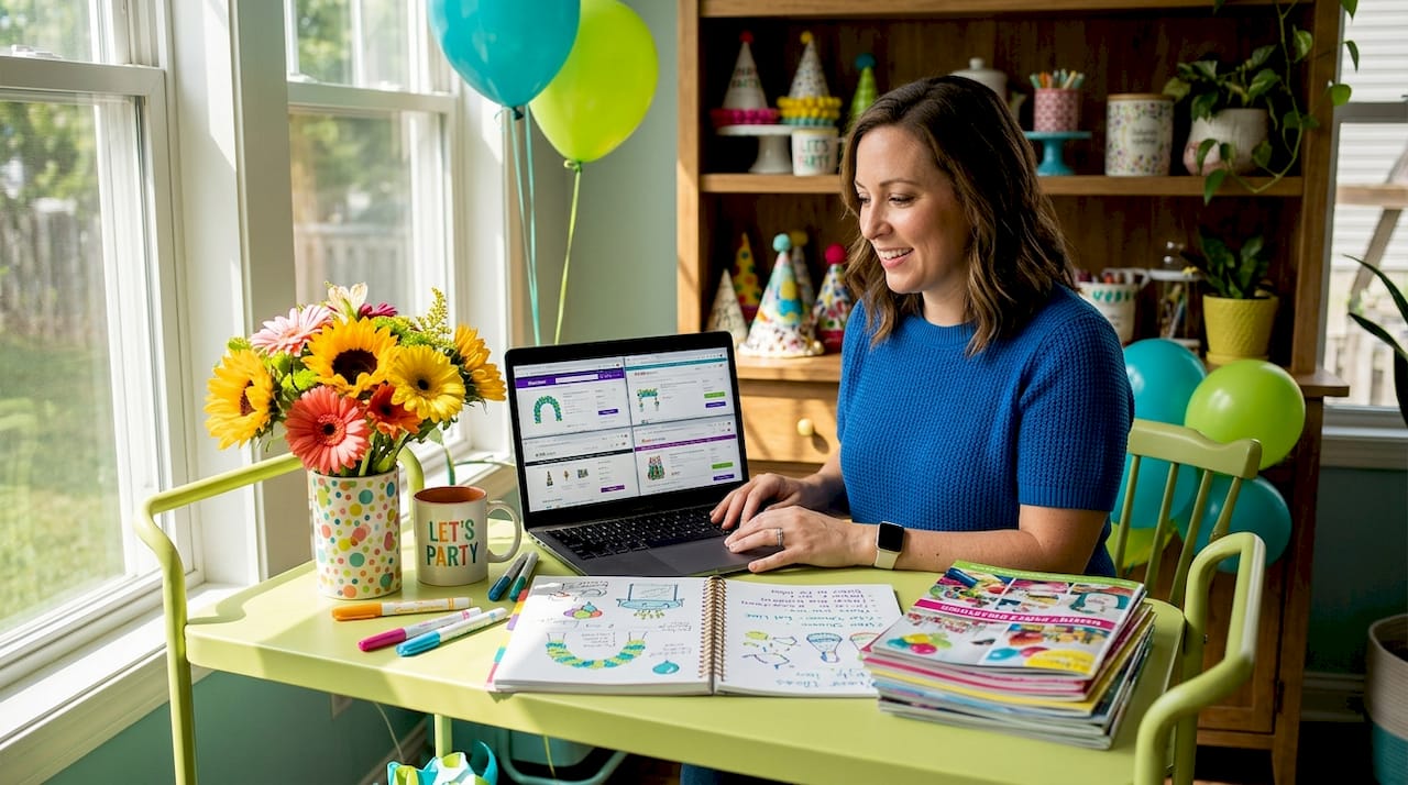 Woman comparing party supply websites at kitchen table