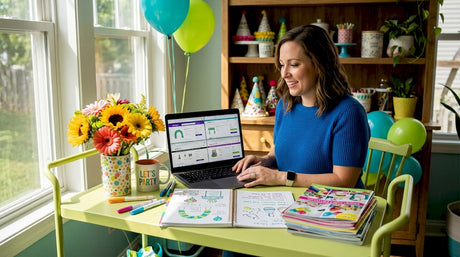 Woman comparing party supply websites at kitchen table