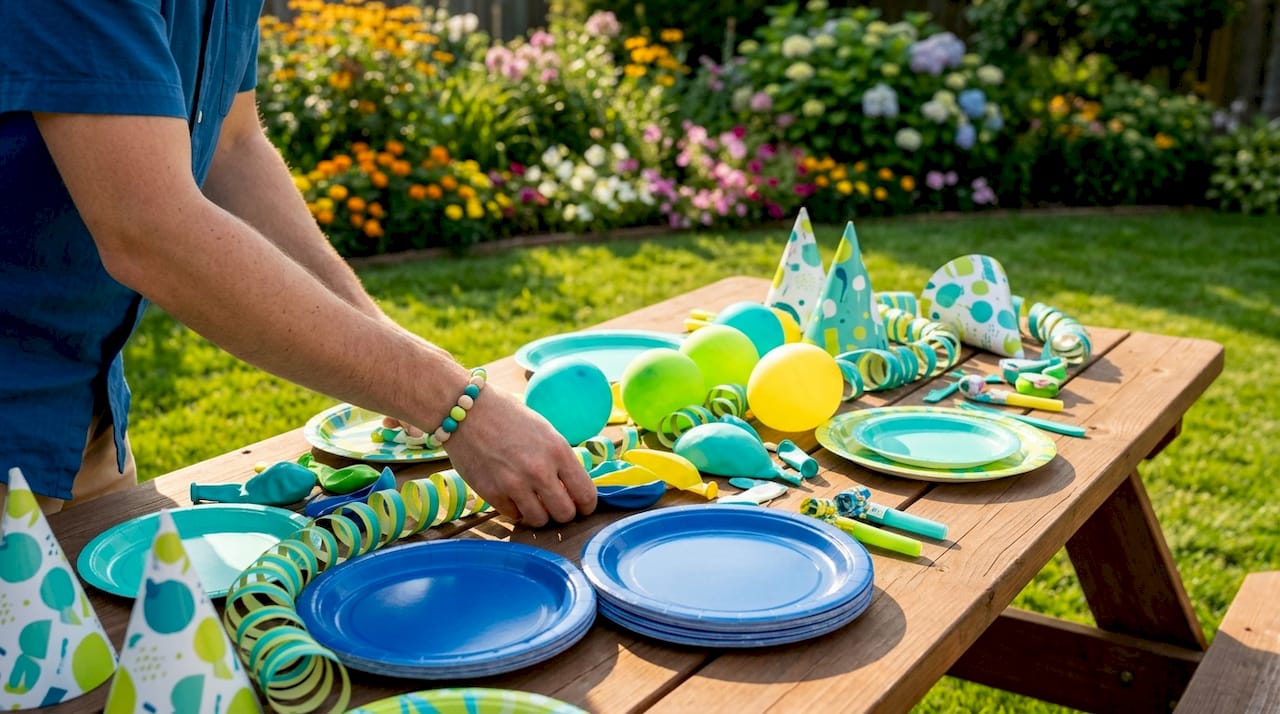 Hands arranging colorful party supplies on wooden table