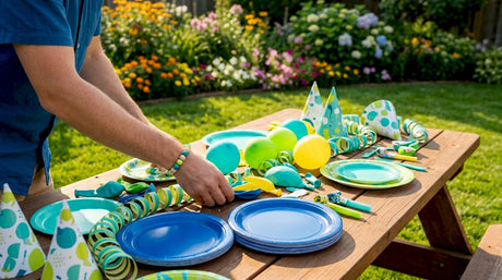 Hands arranging colorful party supplies on wooden table
