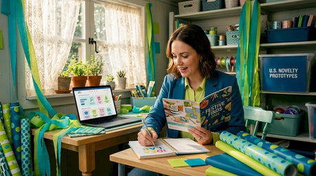 Event planner organizing party supplies on desk