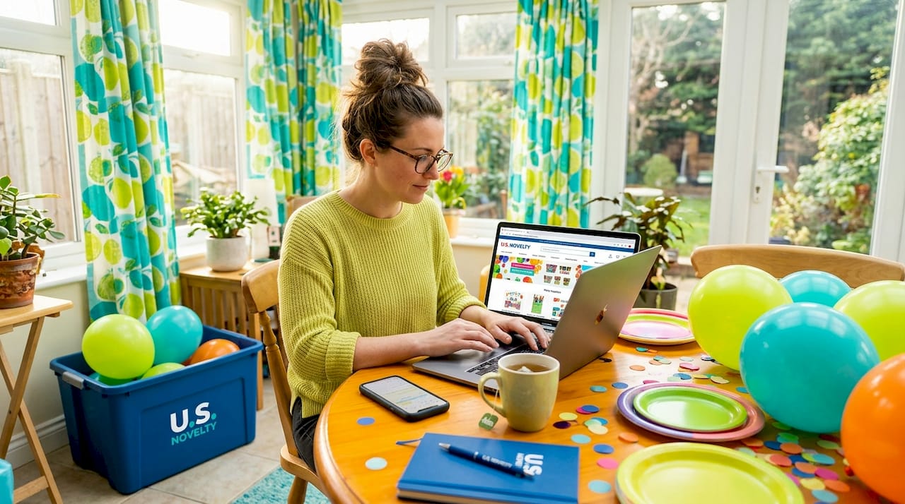 Woman ordering party supplies online at home