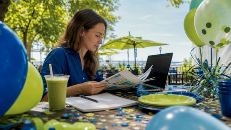 Woman researching party supply alternatives at home