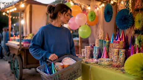 Woman shopping in party supplies store aisle