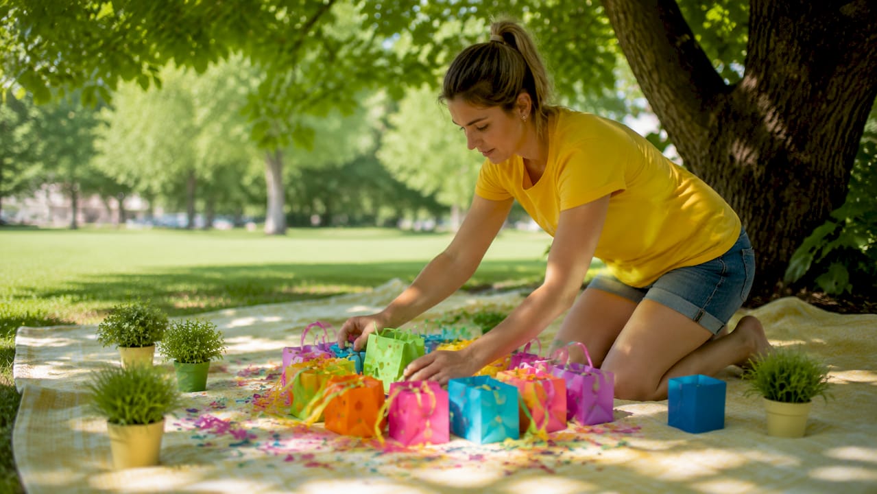 Event planner arranging alternative party bags on table