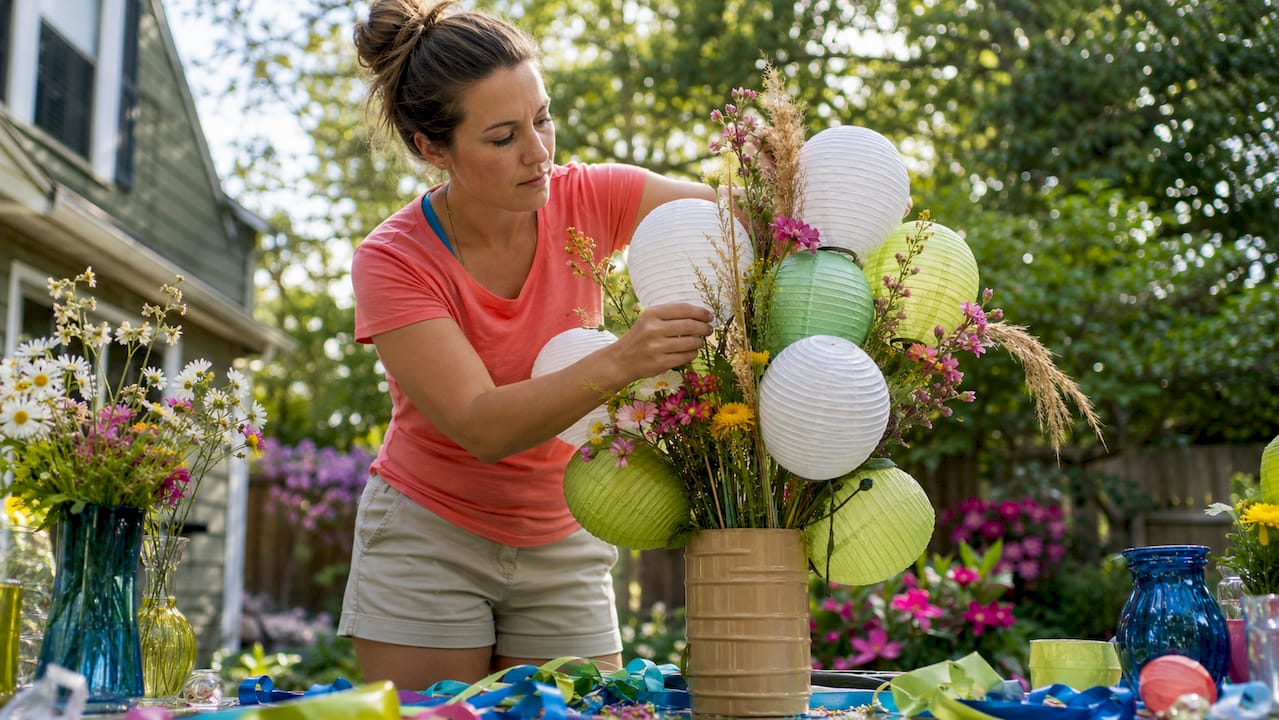 Event planner crafting creative balloon bouquet alternative