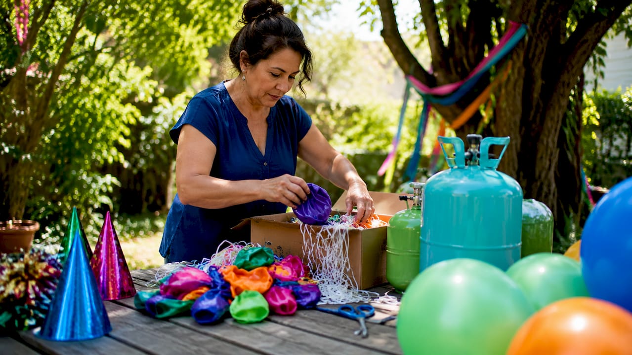 Woman preparing colorful balloon kits for party