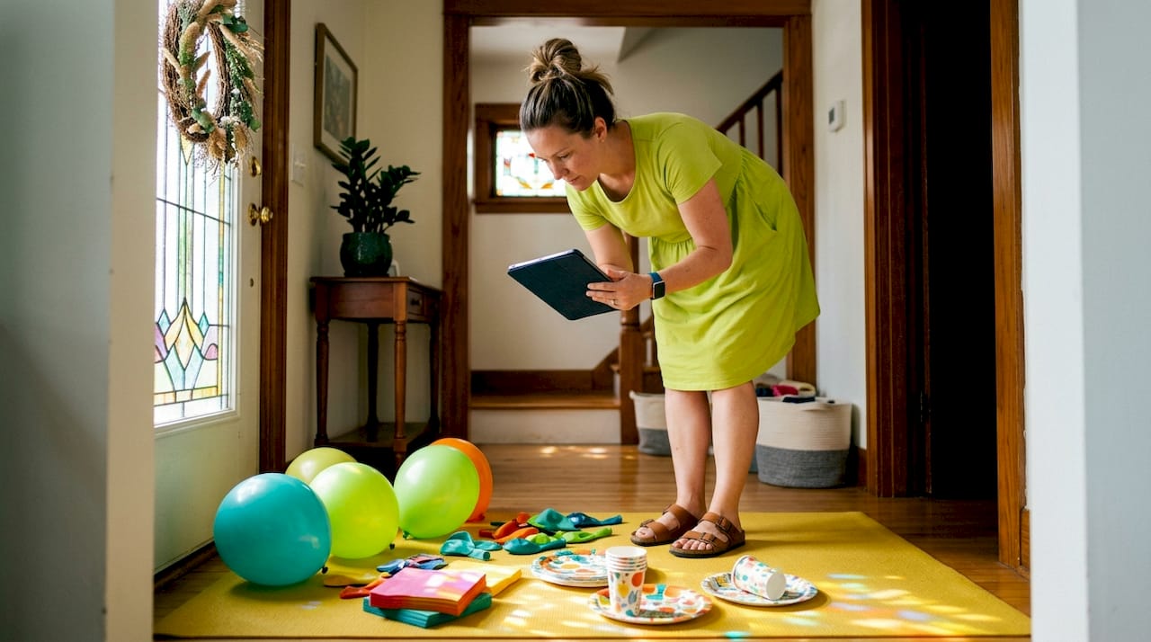 Woman planning party with colorful supplies at home table