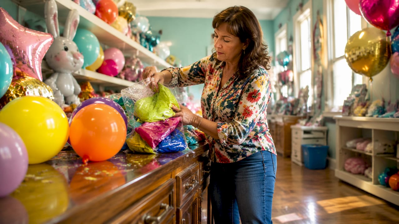 Woman arranging colorful party balloons in store