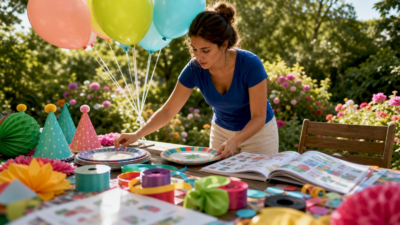 Woman arranging themed party decorations at home