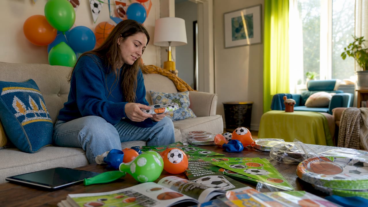 Woman organizing sports party supplies at table