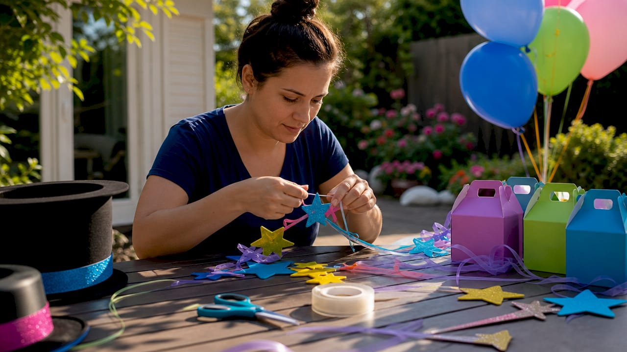 Woman setting up magic party decorations indoors