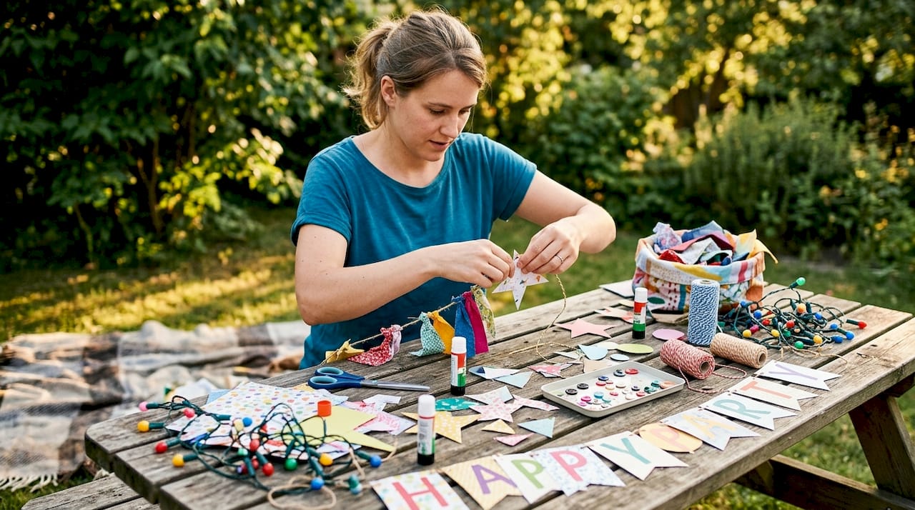 Hands crafting creative birthday party decorations