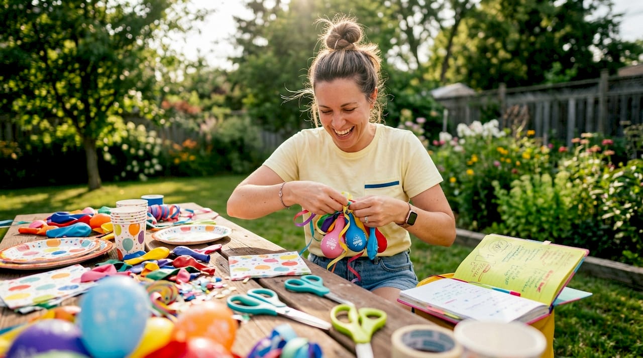Woman arranging birthday decorations at home table