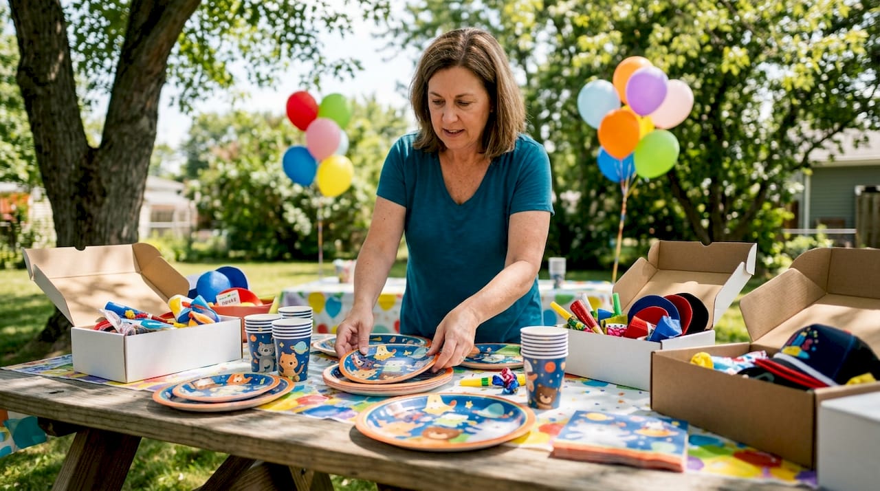 Woman setting themed party tableware on dining table