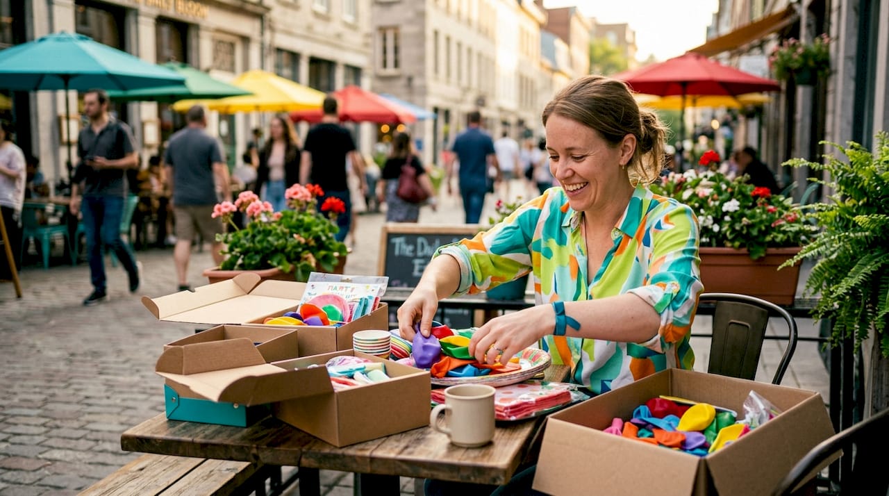 Small business owner sorting party supplies