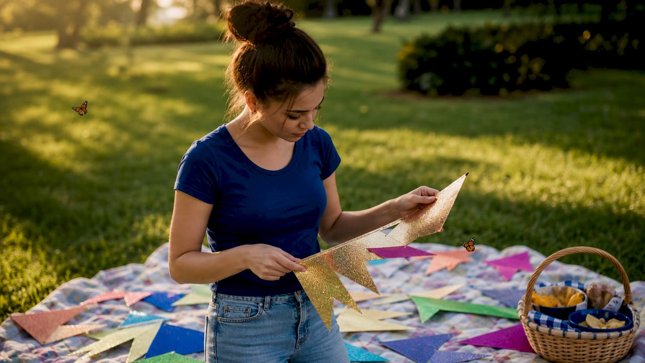 Woman choosing birthday banners at kitchen table