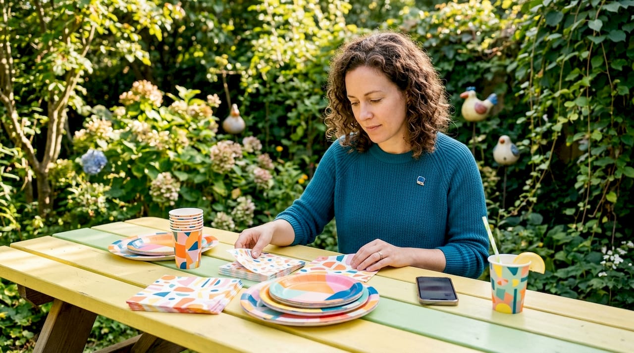 Woman comparing party tableware samples at kitchen table