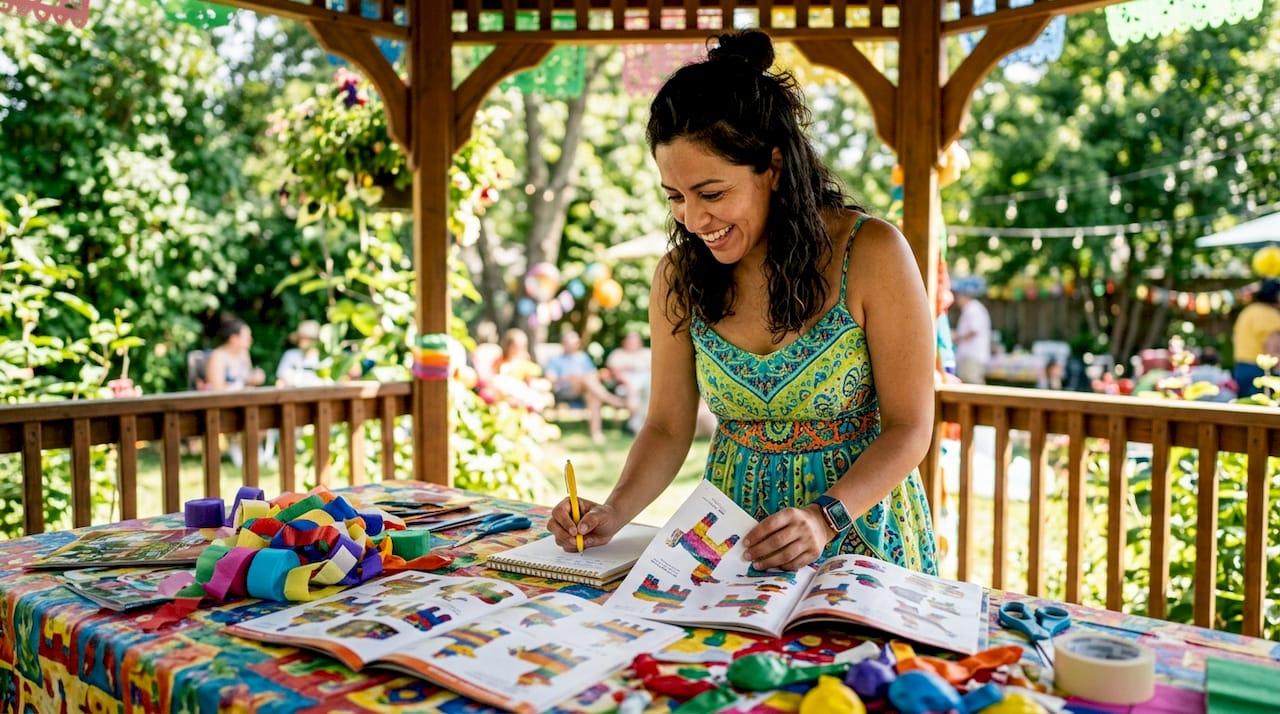 Woman planning piñata alternatives at home table