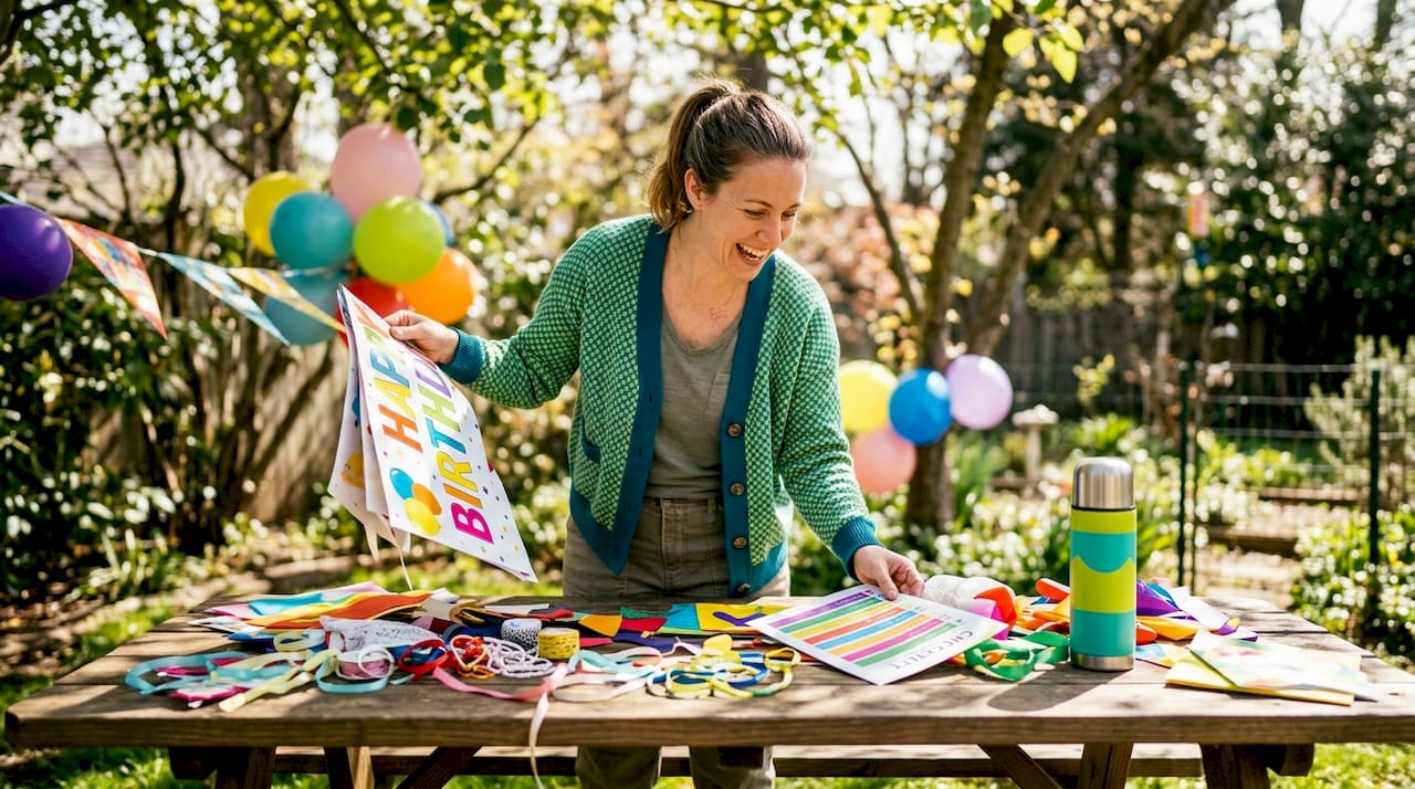 Event planner reviewing birthday party banner options