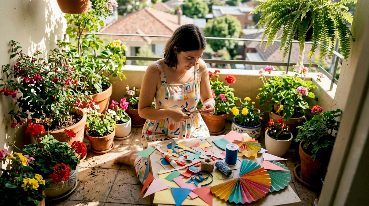 Woman crafting party banner alternatives at home
