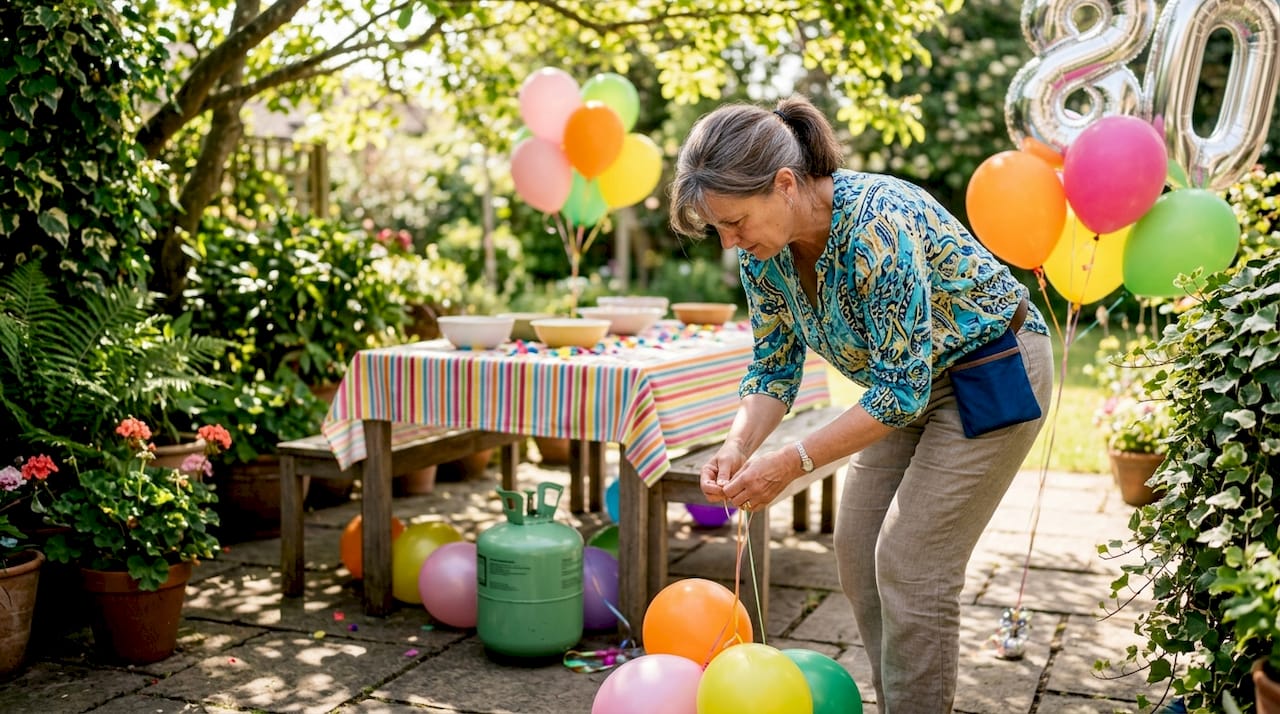 Woman arranging colorful 80th birthday balloons indoors