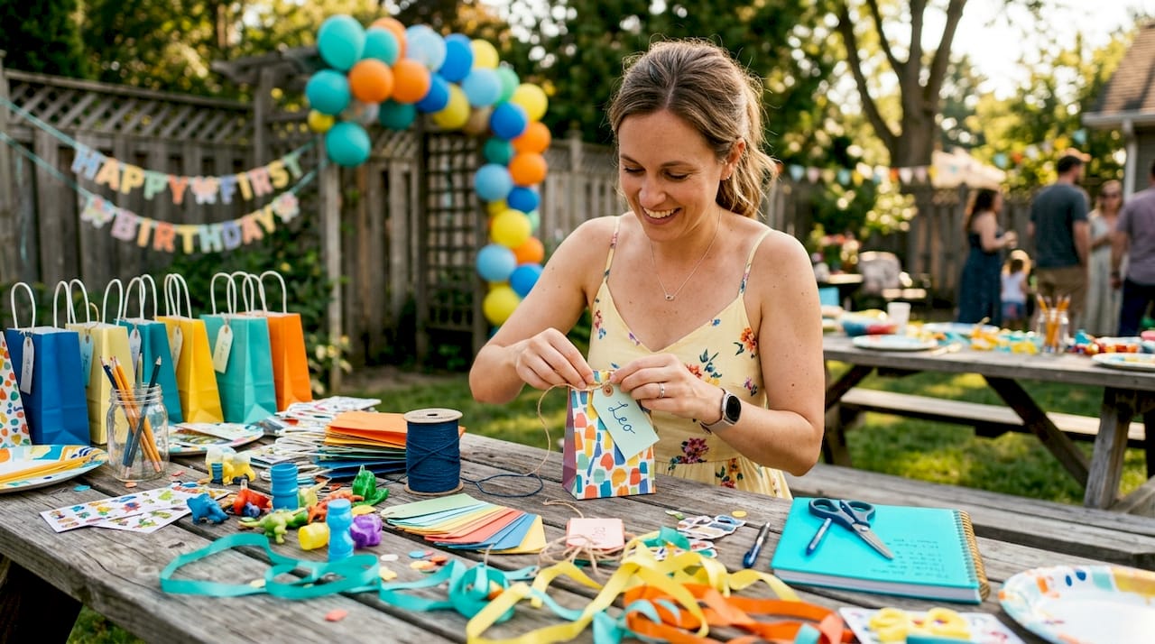 Mother organizing first birthday party supplies at table