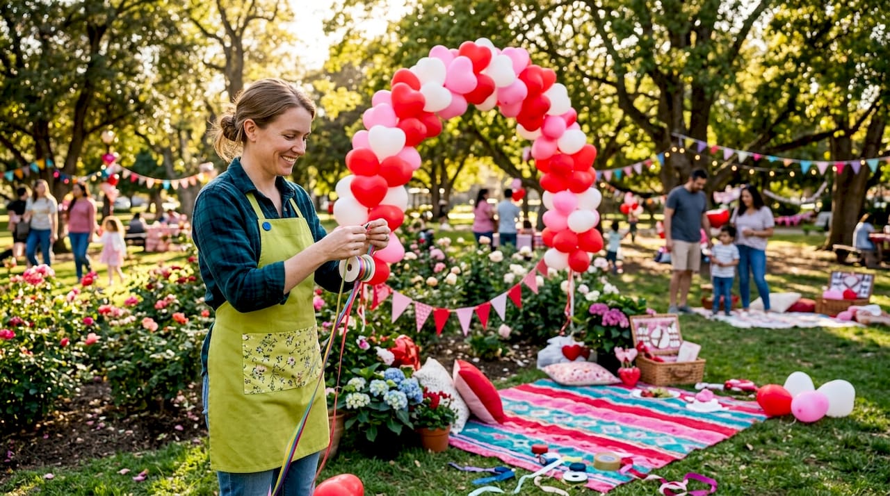 Florist arranging valentines balloons in shop