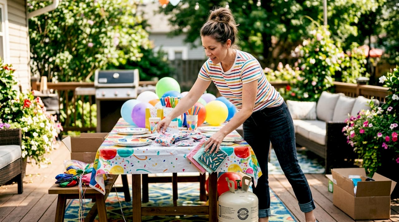Woman arranging adult party supplies at home kitchen island