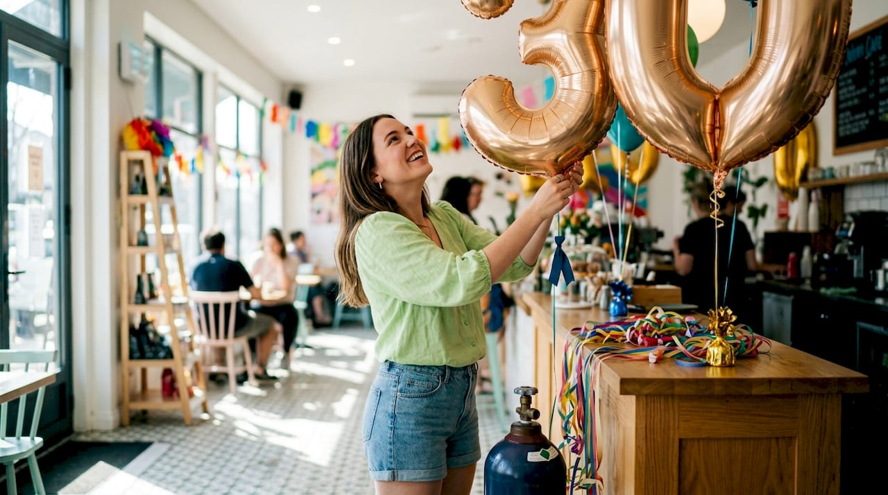 Woman arranging metallic number balloons indoors