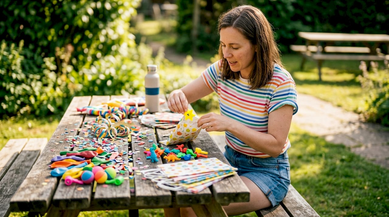 Woman assembling party goodie bags at home