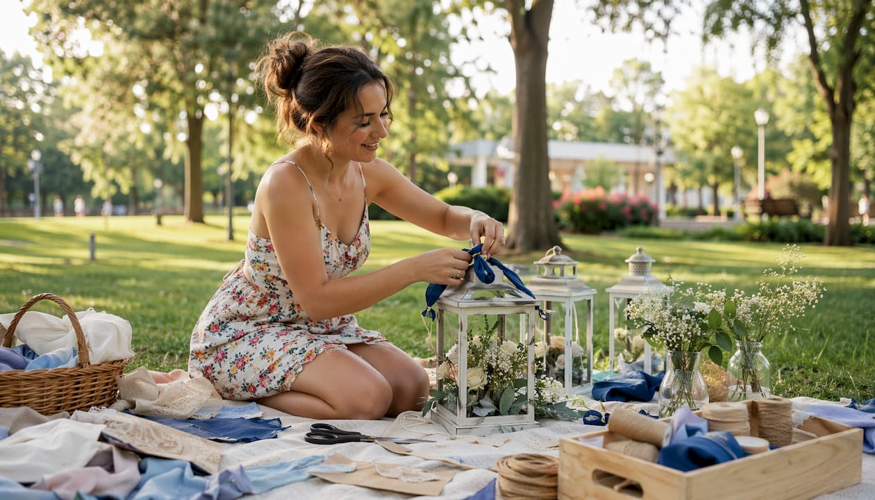 Woman assembling wedding supply alternatives indoors