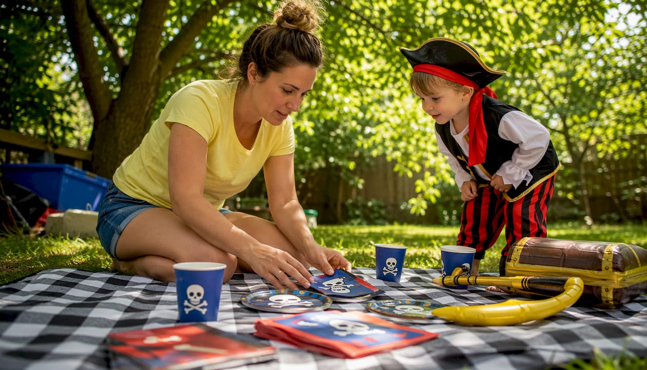 Mother arranging pirate party tableware with child nearby