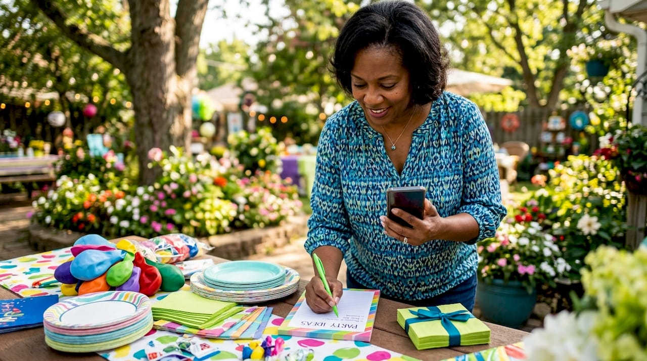 Woman shopping party supplies at table