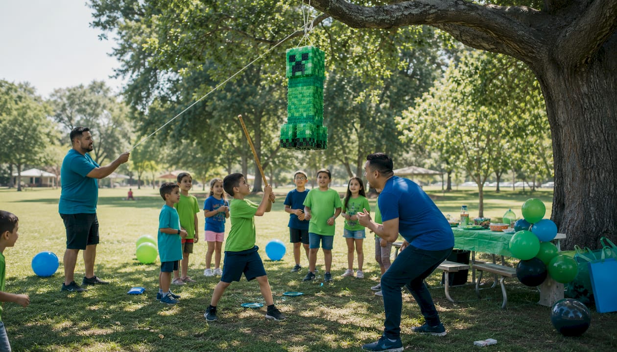 Children playing Minecraft Creeper pinata outdoors