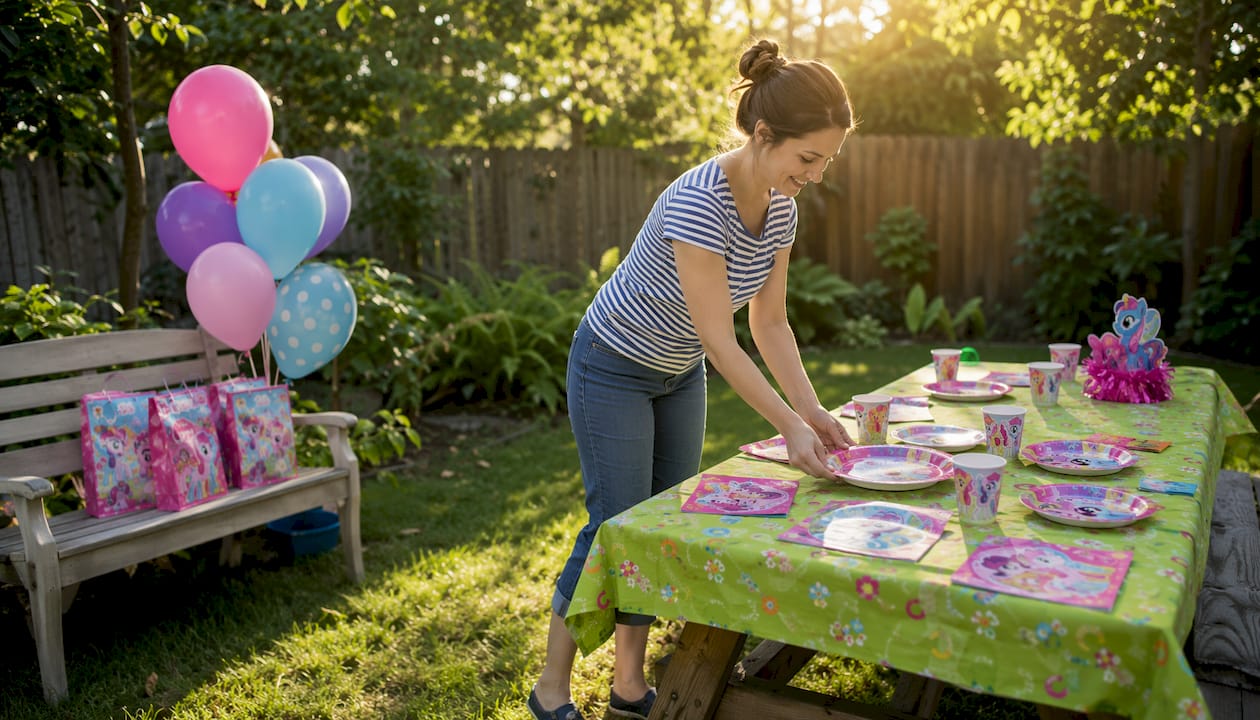 Mother setting up My Little Pony party kit outdoors
