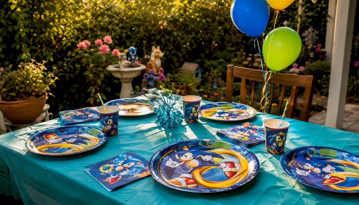 Sonic party table setting with themed supplies