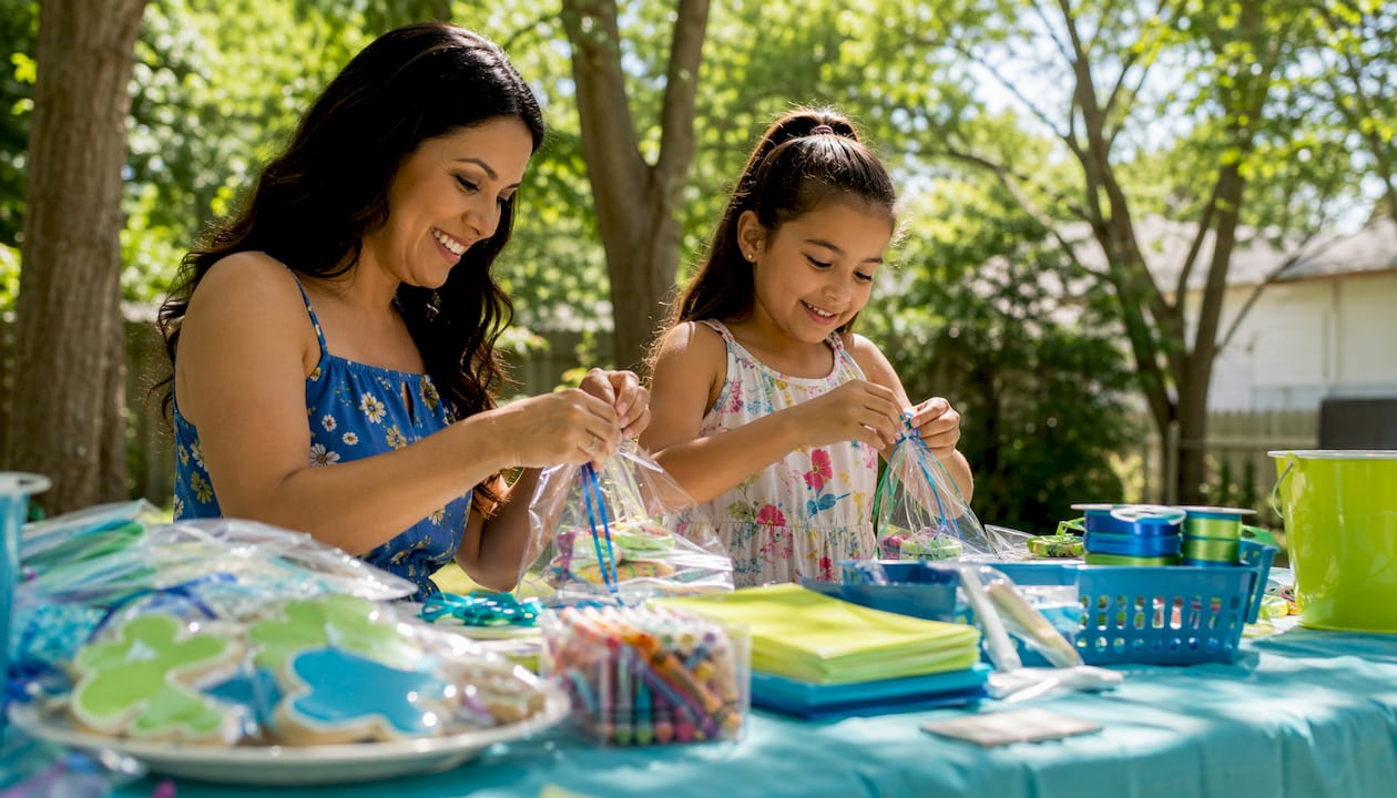 Mother and daughter assembling party favors at kitchen counter.