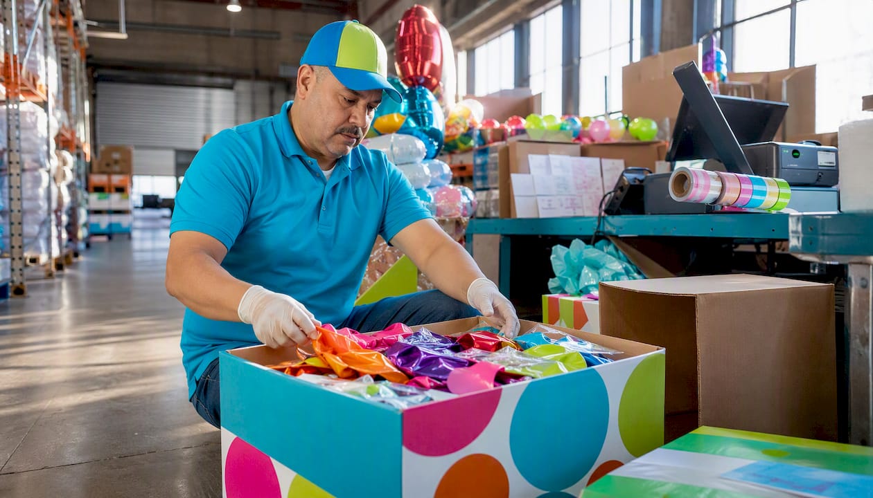 Warehouse worker packing balloon orders