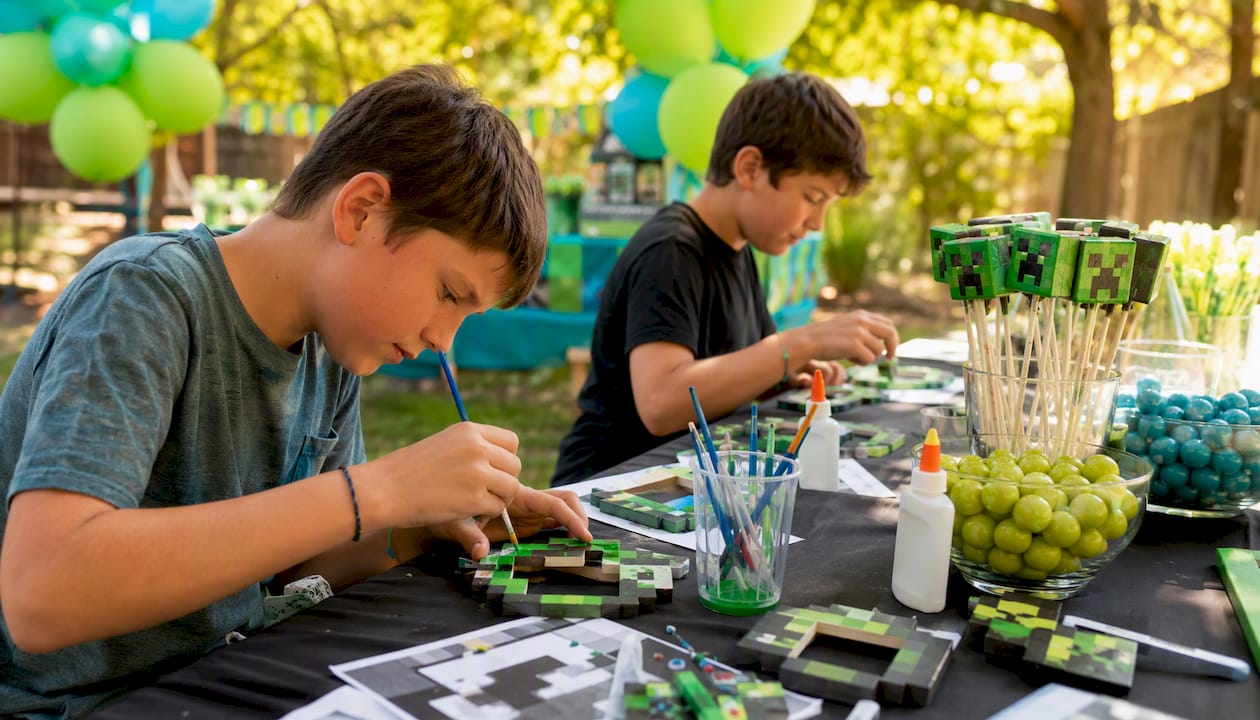 Craft table with DIY Minecraft party favors