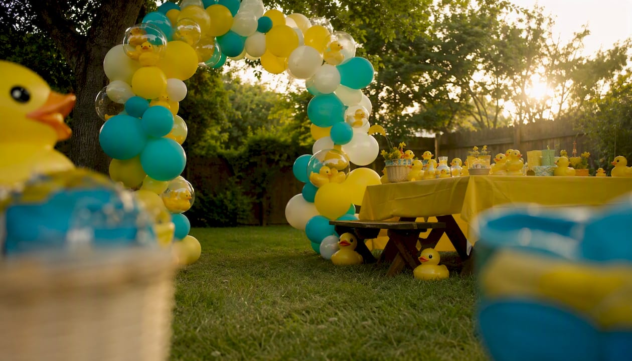 Rubber ducky party balloon wall and table setup